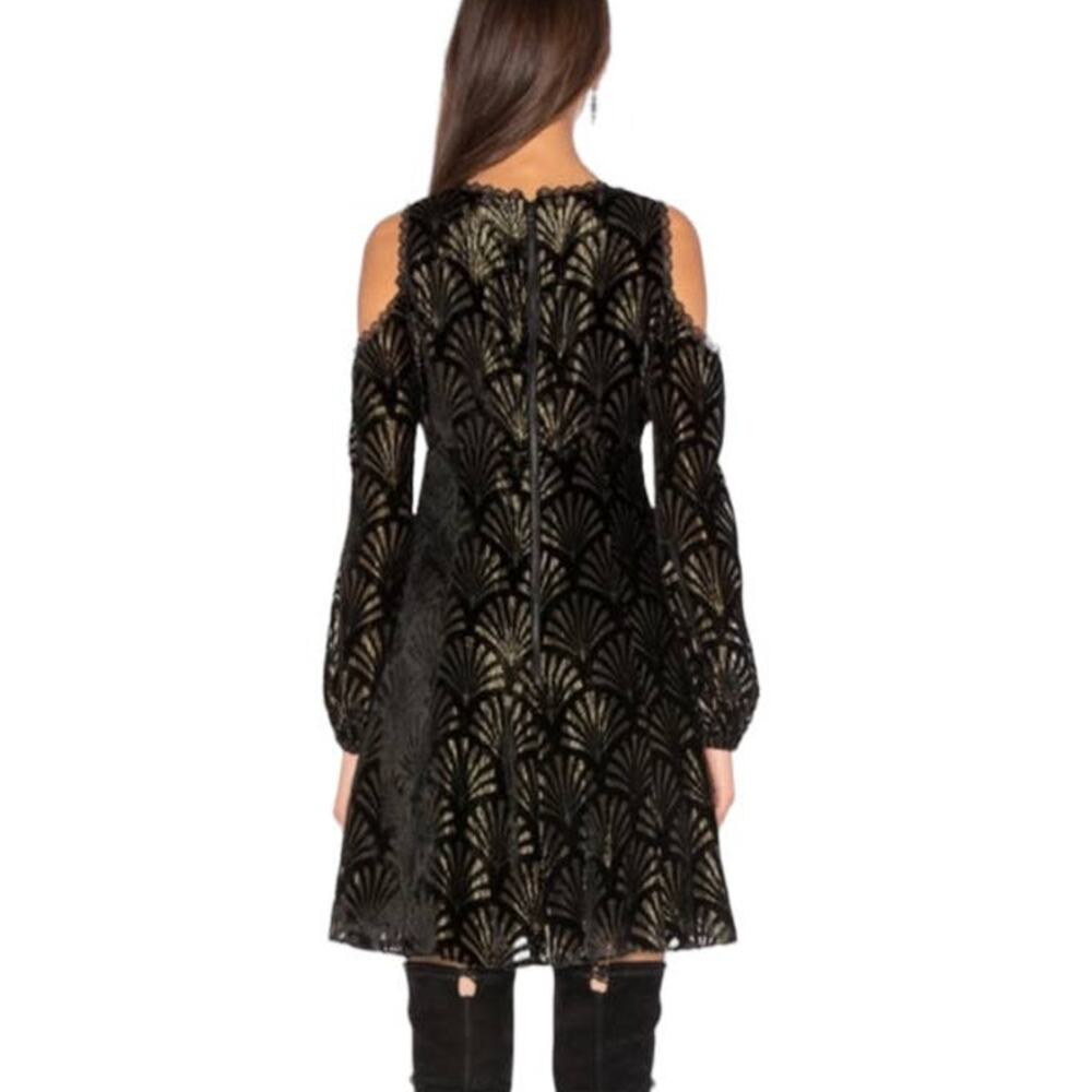 Alice + Olivia Arla Cold Shoulder Black and Gold Fit and Flare Mini Dress Size 2 - Picture 2 of 12